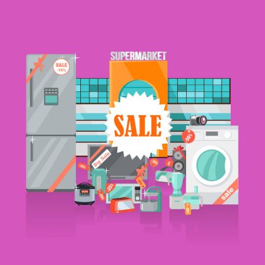 Süpermarket Satılık. Ev aletleri düz stil