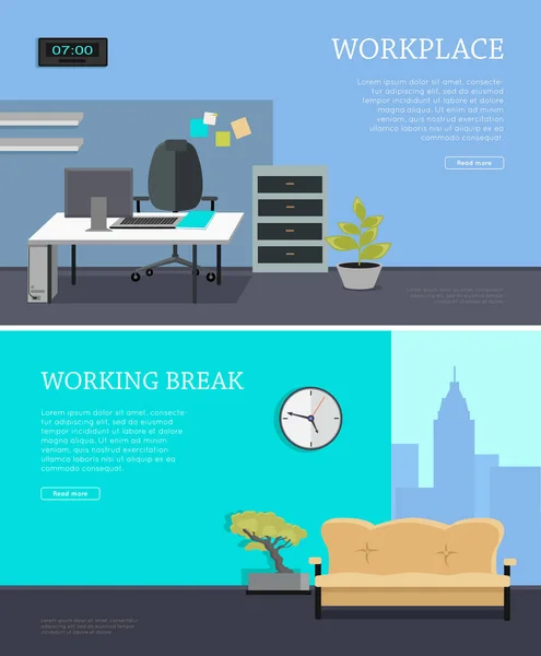 Uppsättning av Office interiör Web Banners i platt Design — Stock vektor