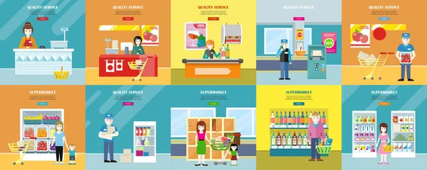 Sada kvalitních služeb a Supermarket webové bannery. — Stockový vektor