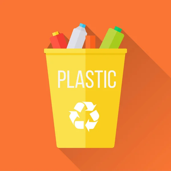 Papelera de basura de reciclaje amarillo con plástico — Vector de stock