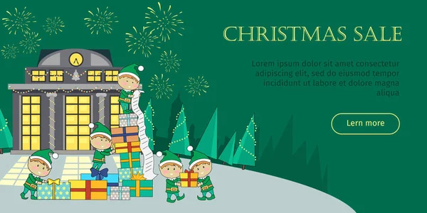 Boże Narodzenie sprzedaży internetowej baner. Elfy, pakowanie prezentów — Wektor stockowy