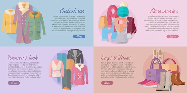 Nő s ruházat táskák és tartozékok bannerek beállítása — Stock Vector