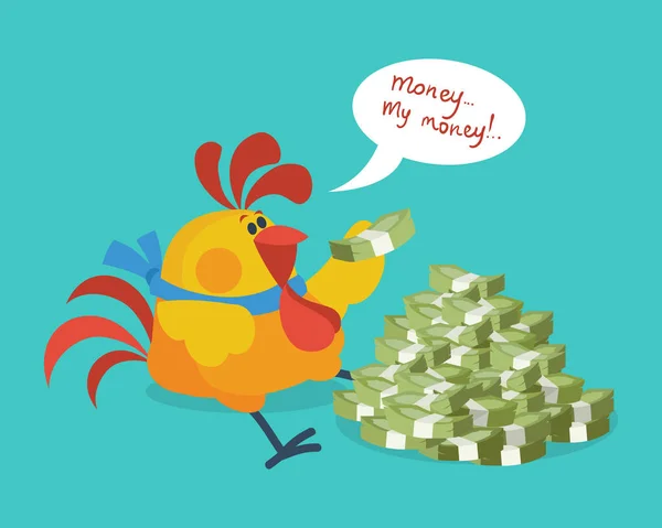 Rooster Bird cuenta el dinero. Polla rico hombre de negocios — Vector de stock