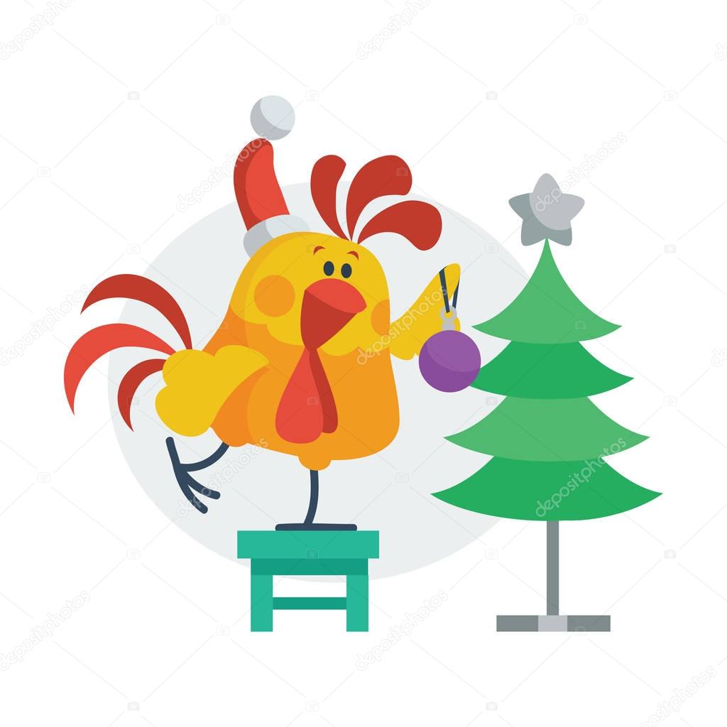 Rooster Bird Decorates Christmas Tree. Cock in Hat