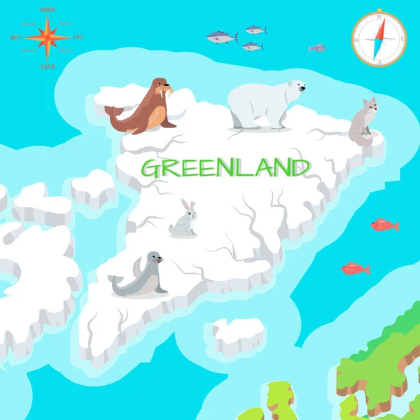 Greenland Mainland Cartoon Map with Fauna Species — Stock Vector