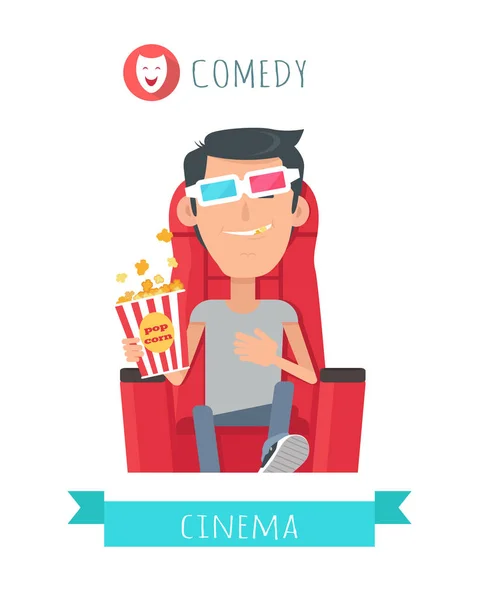 Komedie verhaal. Man in Cinema Seat Entertainment — Stockvector