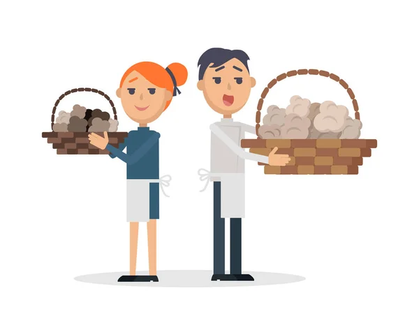 Truffels verkopers met champignons in rieten manden — Stockvector