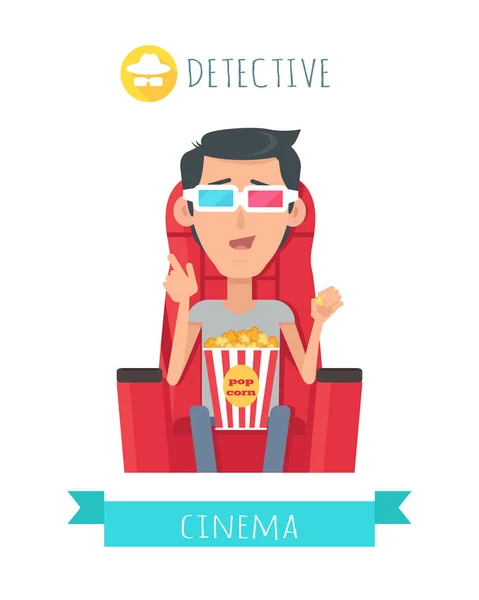Detective verhaal. Man in Cinema Seat Entertainment — Stockvector
