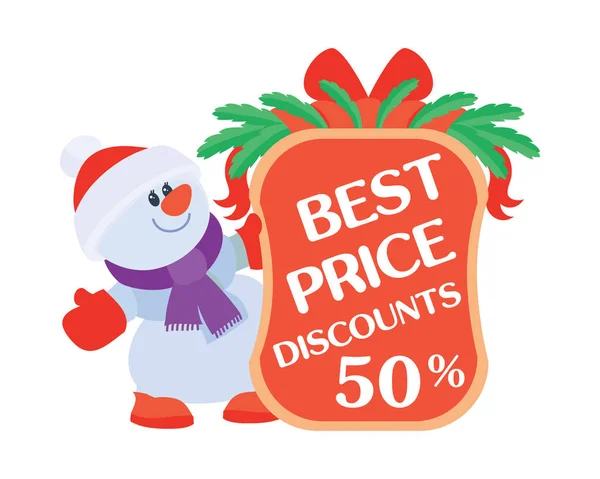 Descuentos al mejor precio 50 muñeco de nieve con cartel de venta — Vector de stock