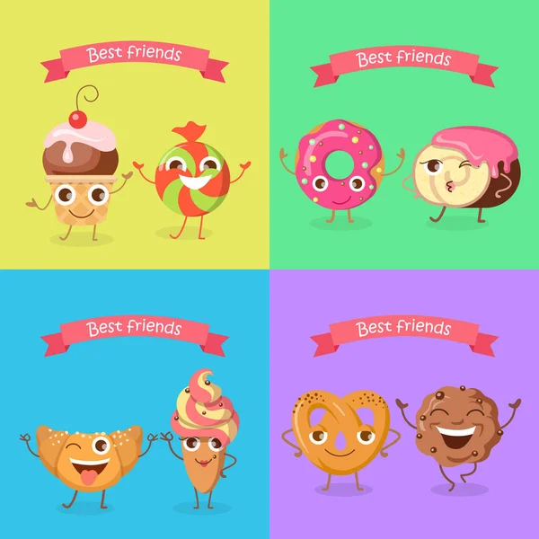 Smiling Characters. Set of Funny Sweets Flat Design. — Stock Vector