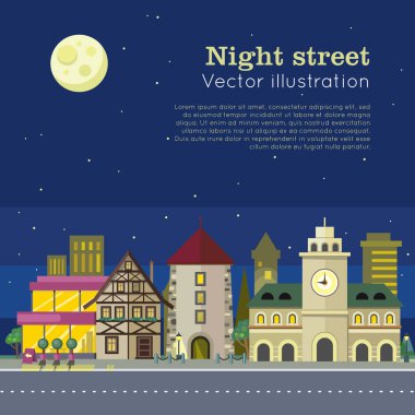 Gece şehir vektör çizim Web Banner. Vektör