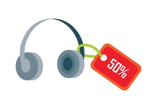 Kopfhörer mit rotem Verkaufsschild fünfzig Prozent Rabatt — Stockvektor