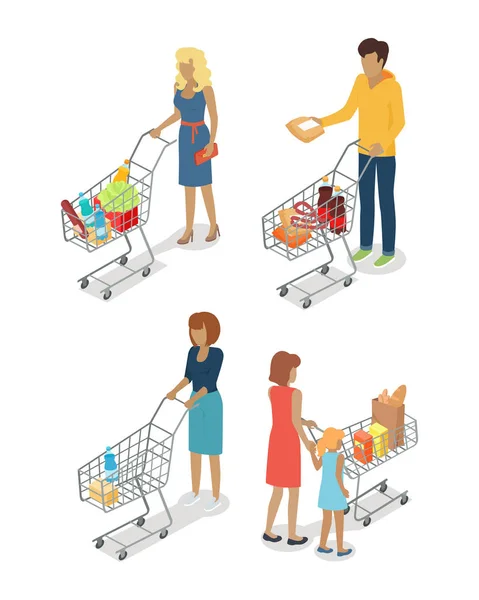 Conjunto de personas con carro de compras en diseño plano — Vector de stock