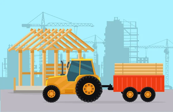 Tractor. Construcción. Proceso de construcción de casas . — Vector de stock