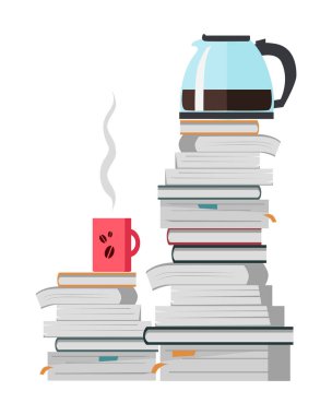 offee Pot ve fincan kahve kitap yığın