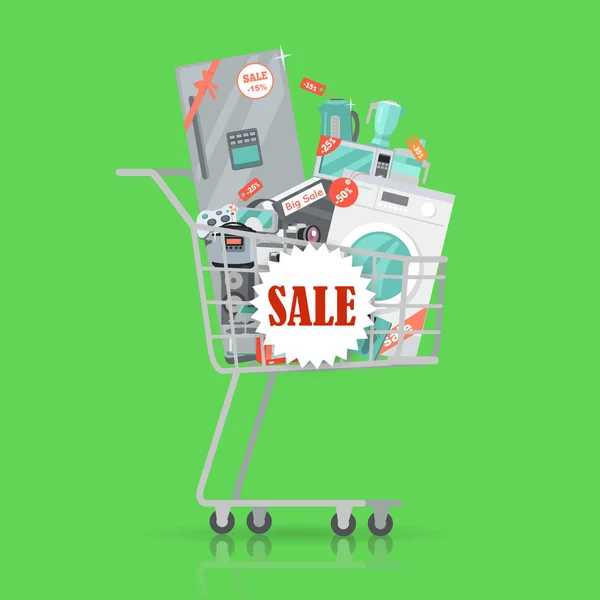 Banner de Super Venta. Electrodomésticos en Trolley — Vector de stock