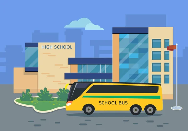 Edifício do ensino médio com ilustração de ônibus amarelo — Vetor de Stock