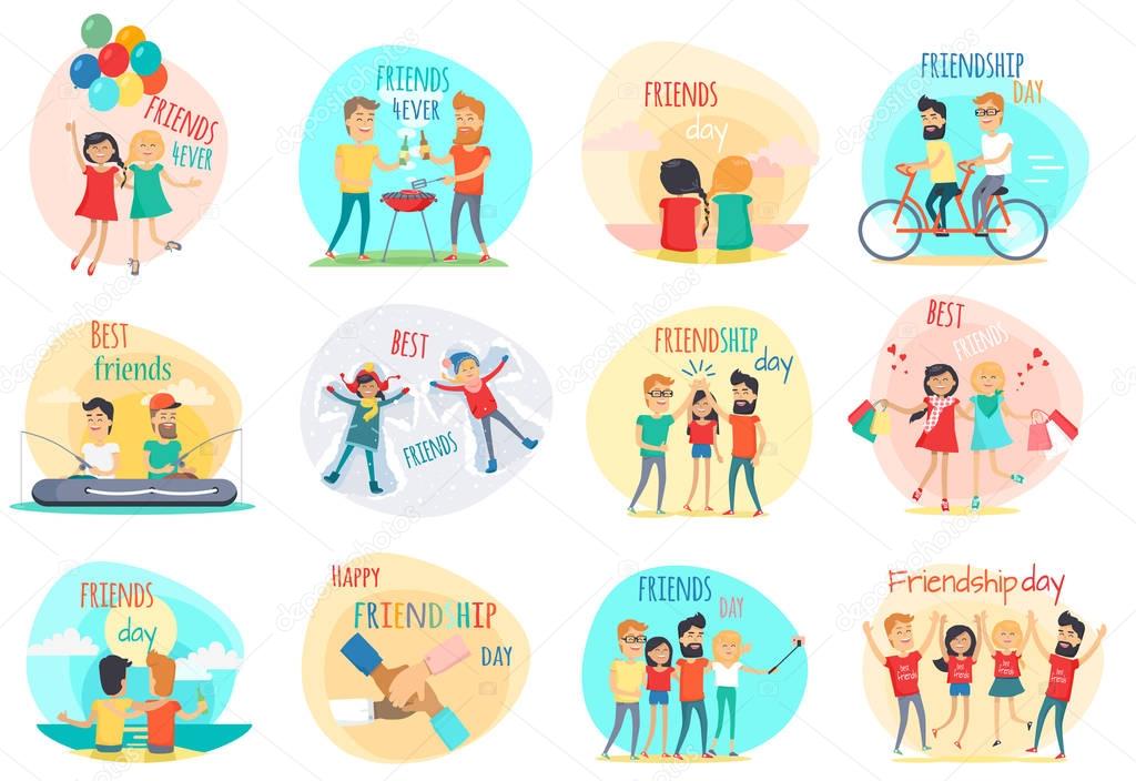 Friendship. Best friend forever. International friends. Celebration happy friends day. Positive emotions. True friend. Friend s shopping, riding on bicycle, fishing, picnic, party Flat design Vector