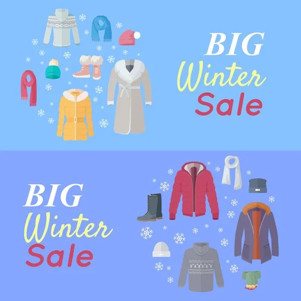 Grande vendita invernale. Invernale Abbigliamento Web Banner Poster — Vettoriale Stock