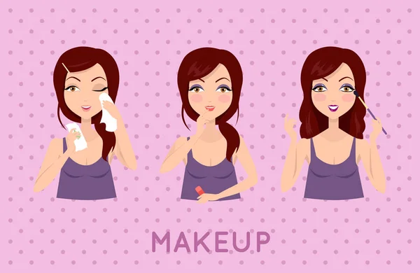 Beauty Woman Applying Makeup Set. — Stock Vector