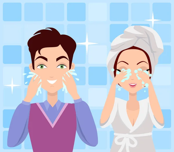 Man and Woman Washing their Faces. Cleaning — Stock Vector