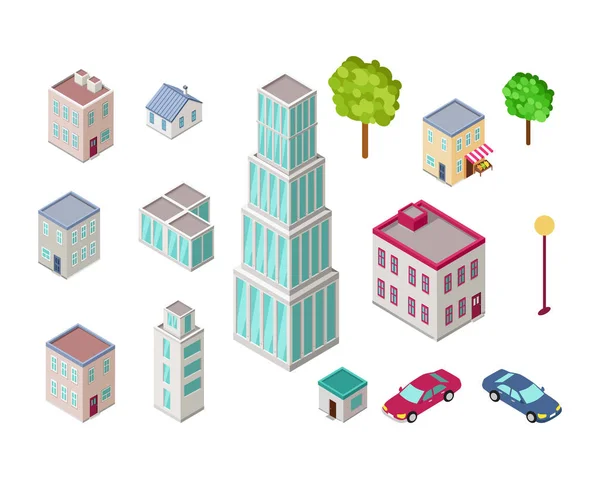 Ensemble de bâtiments de la ville en projection isométrique — Image vectorielle