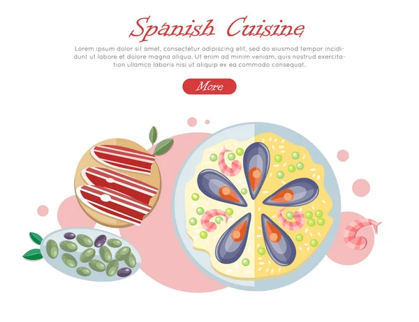 Bannière Web Cuisine espagnole. Paella. Jamon. Tapas — Image vectorielle