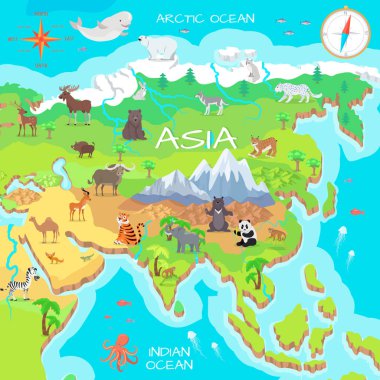 Asia Mainland Cartoon Map with Fauna Species