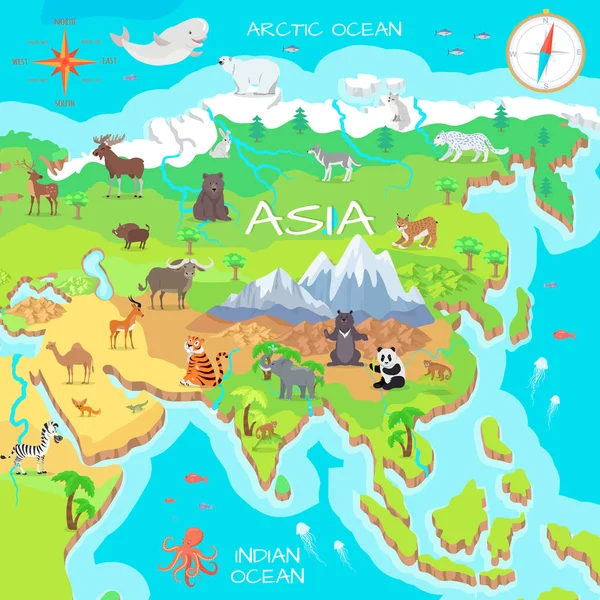 Mapa de dibujos animados de Asia continental con especies de fauna — Vector de stock