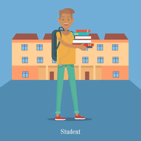 Student Stand met boek op achtergrond van College — Stockvector