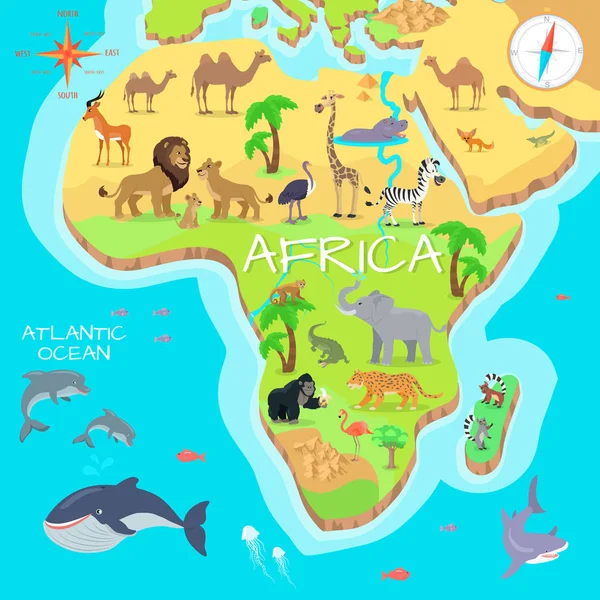 Αφρική Χάρτης γελοιογραφία ηπειρωτική χώρα με είδη πανίδας — Διανυσματικό Αρχείο