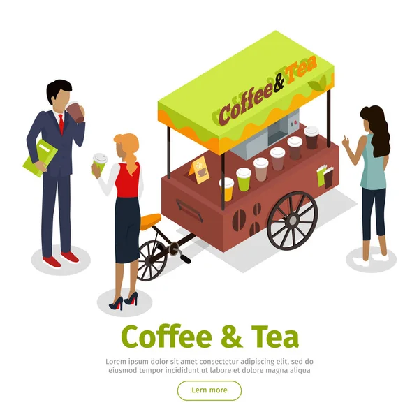 Kaffee-Tee-Konzept isometrischer Vektor Web-Banner — Stockvektor