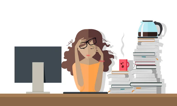 Kvinnan trött på jobbet. Tidsfristen. En hel del arbete att göra. — Stock vektor