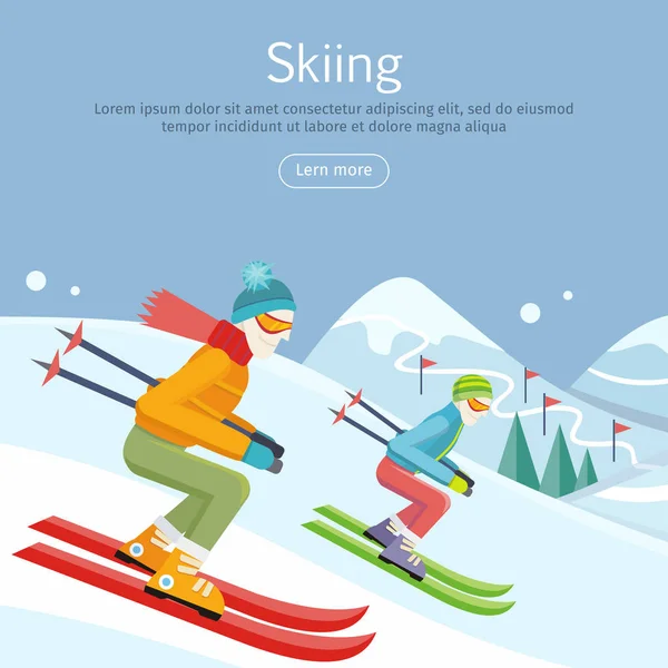 Skiën Banner. Skiërs op besneeuwde helling competitie. — Stockvector