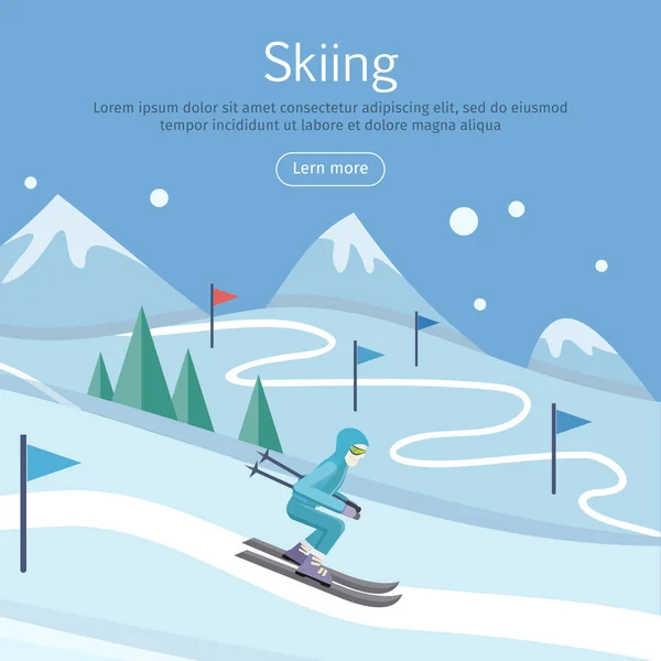 Banner de esquí. Esquiador en Snowy Sope. Camino en las colinas — Archivo Imágenes Vectoriales