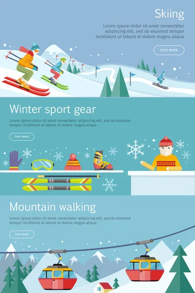 Sciare. Ingranaggio di sport invernali. Passeggiate in montagna. Imposta — Vettoriale Stock
