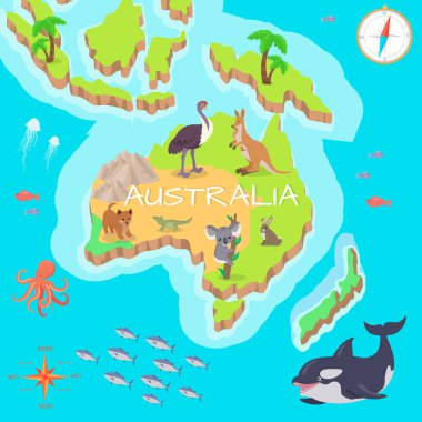 Australia Isometric Map with Flora and Fauna.