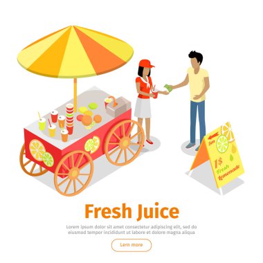 Taze meyve suyu kavramsal izometrik vektör Web Banner