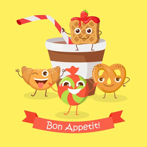 Bon Appetit. Personagens engraçados dos desenhos animados Banner . —  Vetores de Stock