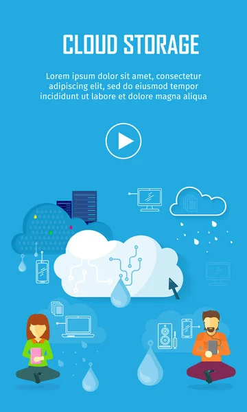 Banner Web de vídeo de armazenamento em nuvem em estilo plano — Vetor de Stock