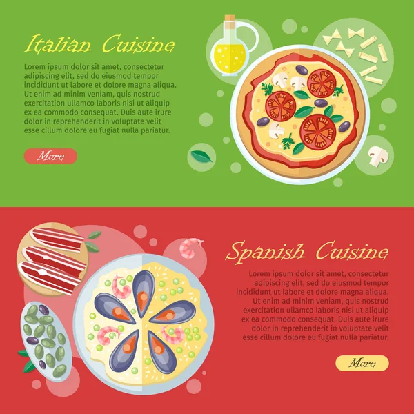 Cucina spagnola Web Banner. Paella. Jamon. Tapas — Vettoriale Stock