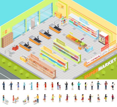İzometrik projeksiyon süpermarket iç. 3D