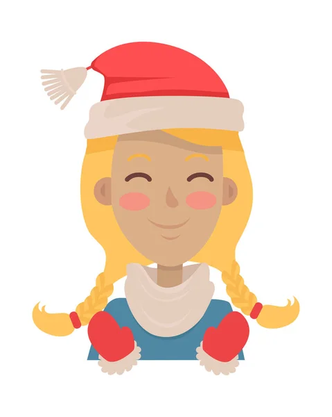 Happy Young Girl Wears Santa Claus Red Hat. Vector — Stock Vector