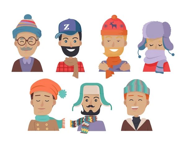 Іконки Набір усміхнених чоловіків в капелюхах і шарфах — стоковий вектор