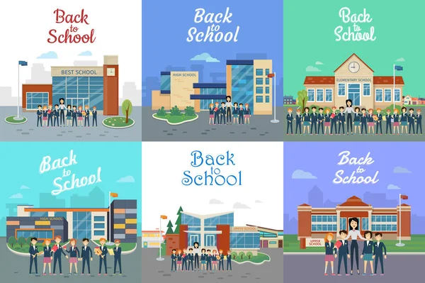 De vuelta a la escuela. Iconos con diferentes tipos de construcción — Vector de stock