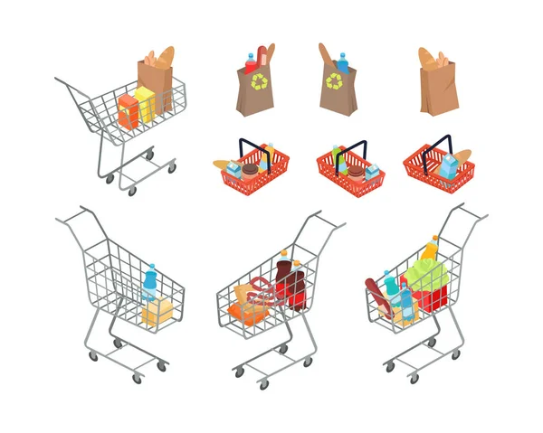 Разнообразие сумок и тележек в супермаркете . — стоковый вектор