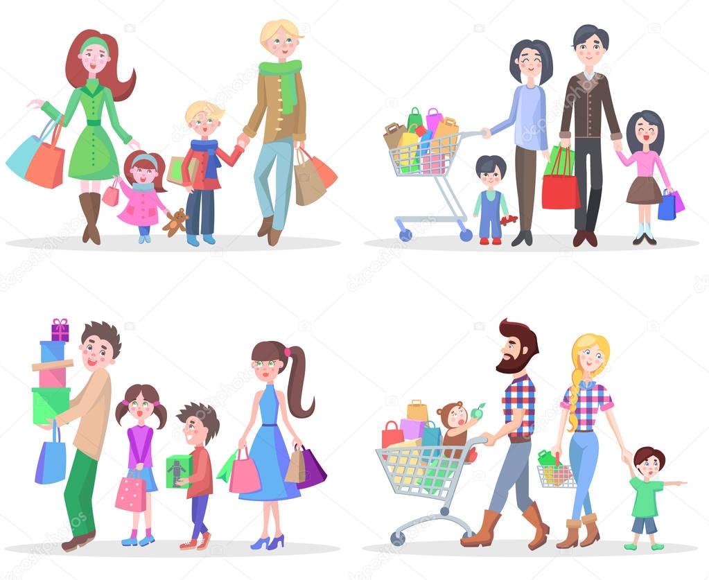 Happy Family Buying Goods and Gifts in Stores
