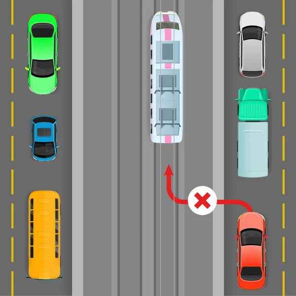 Auto breekt verkeersregels. Inhalen is verboden — Stockvector