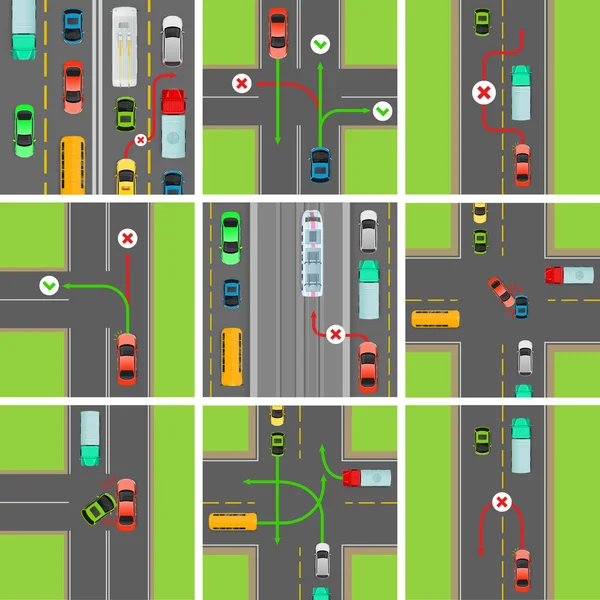 Eine Reihe von Situationen auf der Straße. Verkehrsrecht regelt — Stockvektor