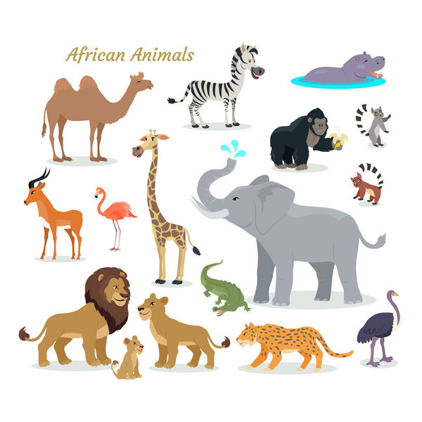 African Fauna Species. Cute Animals Flat Vector.